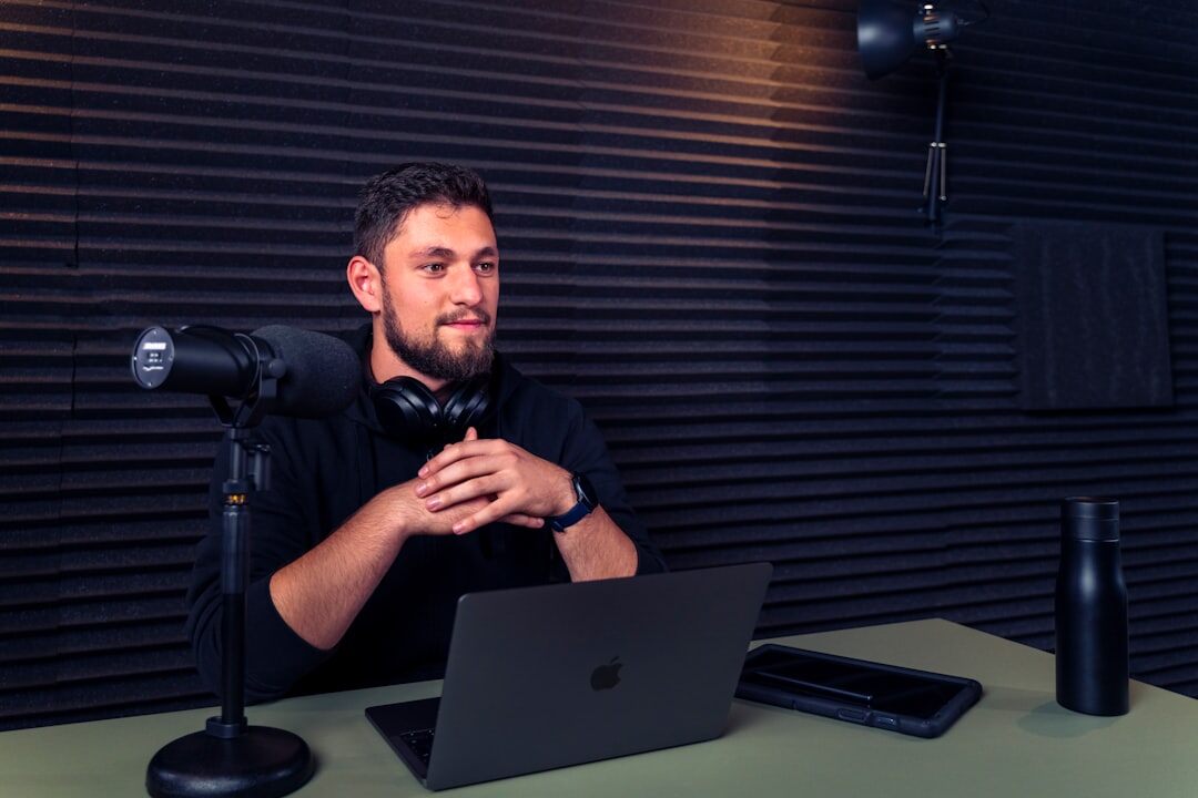 Complete podcast recording setup with microphone and interface